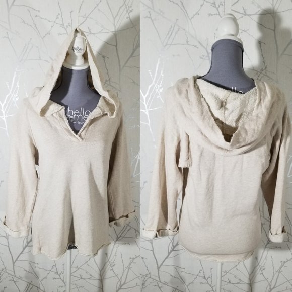 AIKO Oatmeal Beige Supima Modal Blend V-Neck Pullover Hoodie - Picture 1 of 4